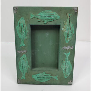 Green Wood Picture Frame With Metal Fish Accents 3" x 4.5" Photo Opening